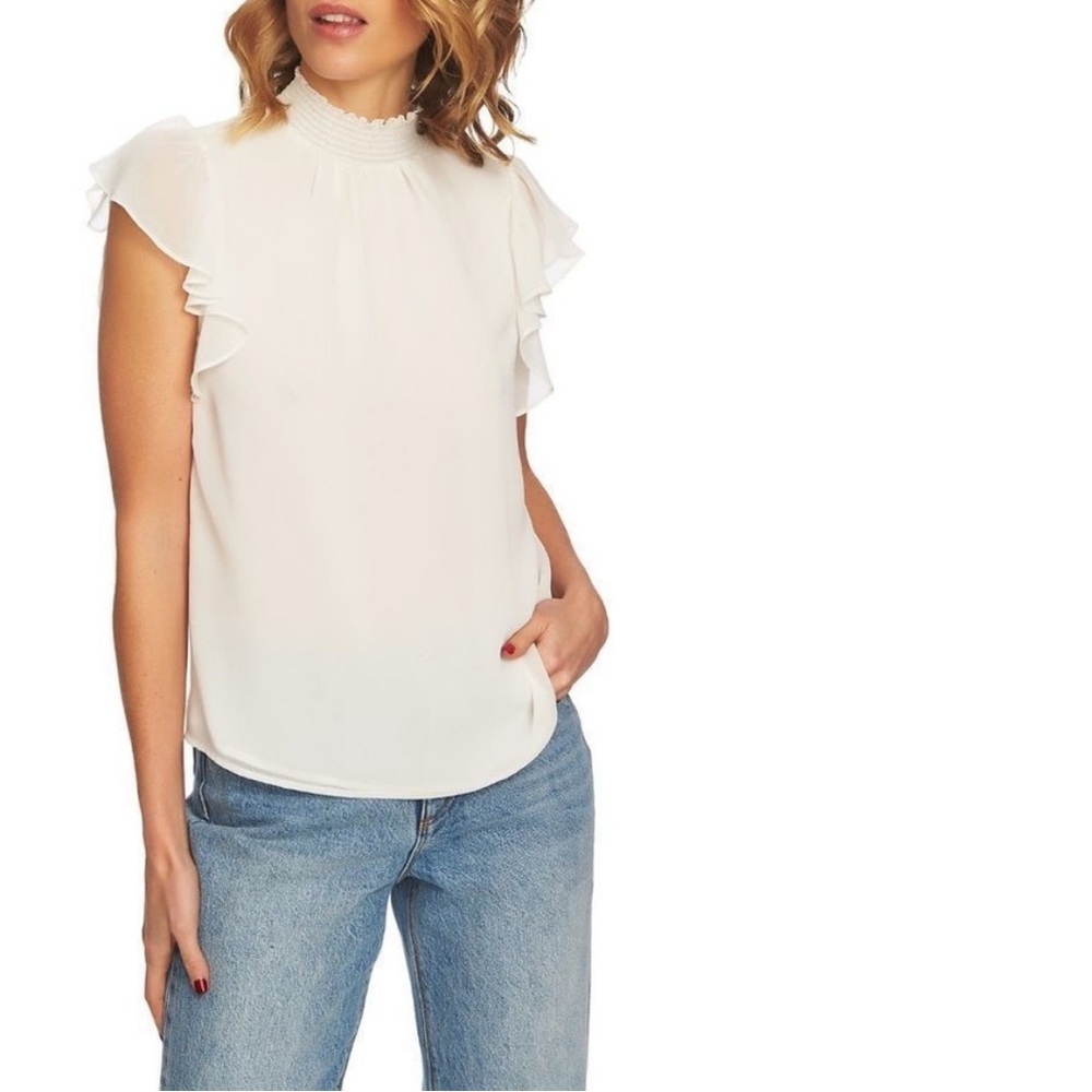 1. State > Peach High Neck Flowy Short Sleeve Blouse Extra Large